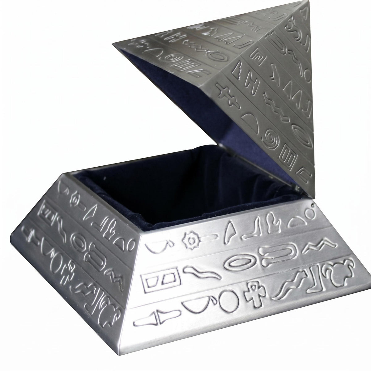 Pyramid Jewelry Box Engraved Pattern Tin Alloy Jewelry Box Open Interior