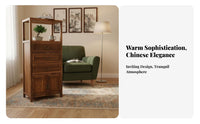 Modern Oriental Design Stepped Curio Cabinet Vintage Aesthetic Sideboard Staggered Shelving Storage Furniture Open and Closed Compartments for Tea Lovers, Art Collectors, Homeowners, Living Room, Entrance Hall, Bedroom, Office