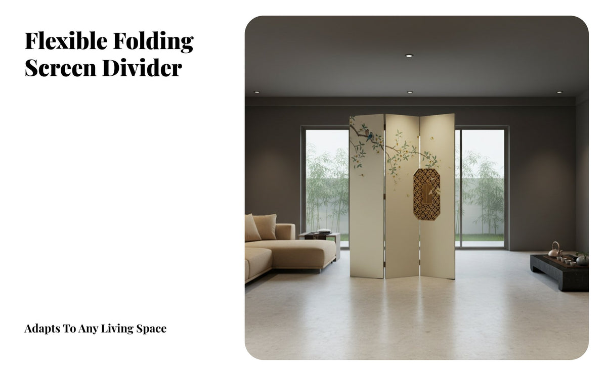 New Chinese Design 4-Panel Folding Partition Foldable Design Privacy Screen Movable Room Furnishing Unrestrictedstanding for Interior Designers, Homeowners, Apartment Dwellers, Bedroom, Balcony