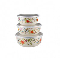 3 Pieces Glossy Enamel Food Storage Containers Space-Saving Enamel Bowls with Lids Reusable Nesting Bowl Set Multi-Purpose for Leftovers, Meal Prep, Kitchen