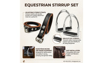 Chrome-Plated Stirrup with Leather Straps Non-Slip Stirrup with Rubber Grip Adjustable Riding Straps with Buckles Rustproof for Horse Riders, Equestrians, Equestrian Training