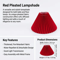 Bedside Table Lamp with Large Pleated Textile Lampshade for Living Room, Detachable with Metal Frame, Easy Install Hardware Included