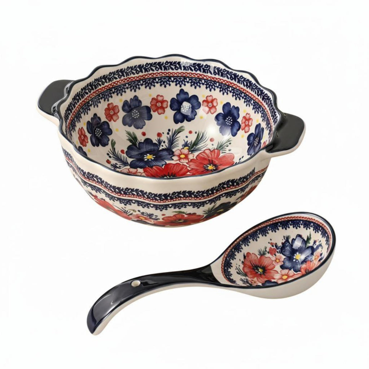 Ceramic Soup Pot, Polish Painted Floral Underglaze, Double Handle, Bohemian Style, Home Dining
