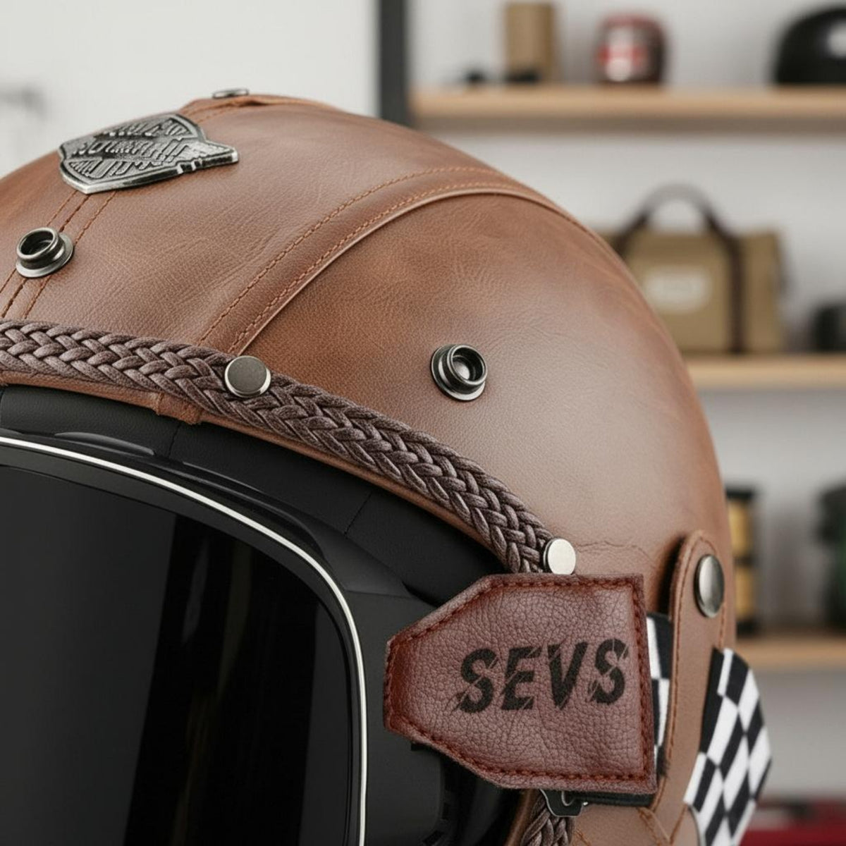 Vintage Motorcycle Half Helmet Braided Trim Riding Gear Adjustable Chin Strap