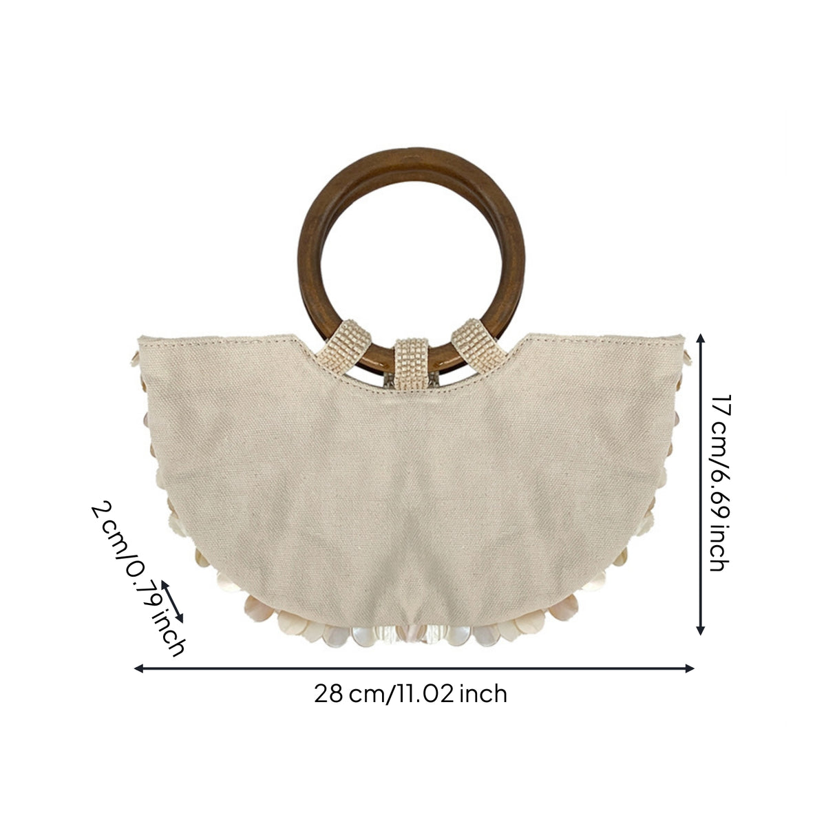 Woven Bag with Wooden Handle Textured Handmade Purse Semi-Circular Handbag Beaded Shell Embellished Bag Artisanal for Women