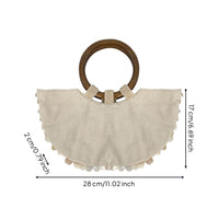 Woven Bag with Wooden Handle Textured Handmade Purse Semi-Circular Handbag Beaded Shell Embellished Bag Artisanal for Women