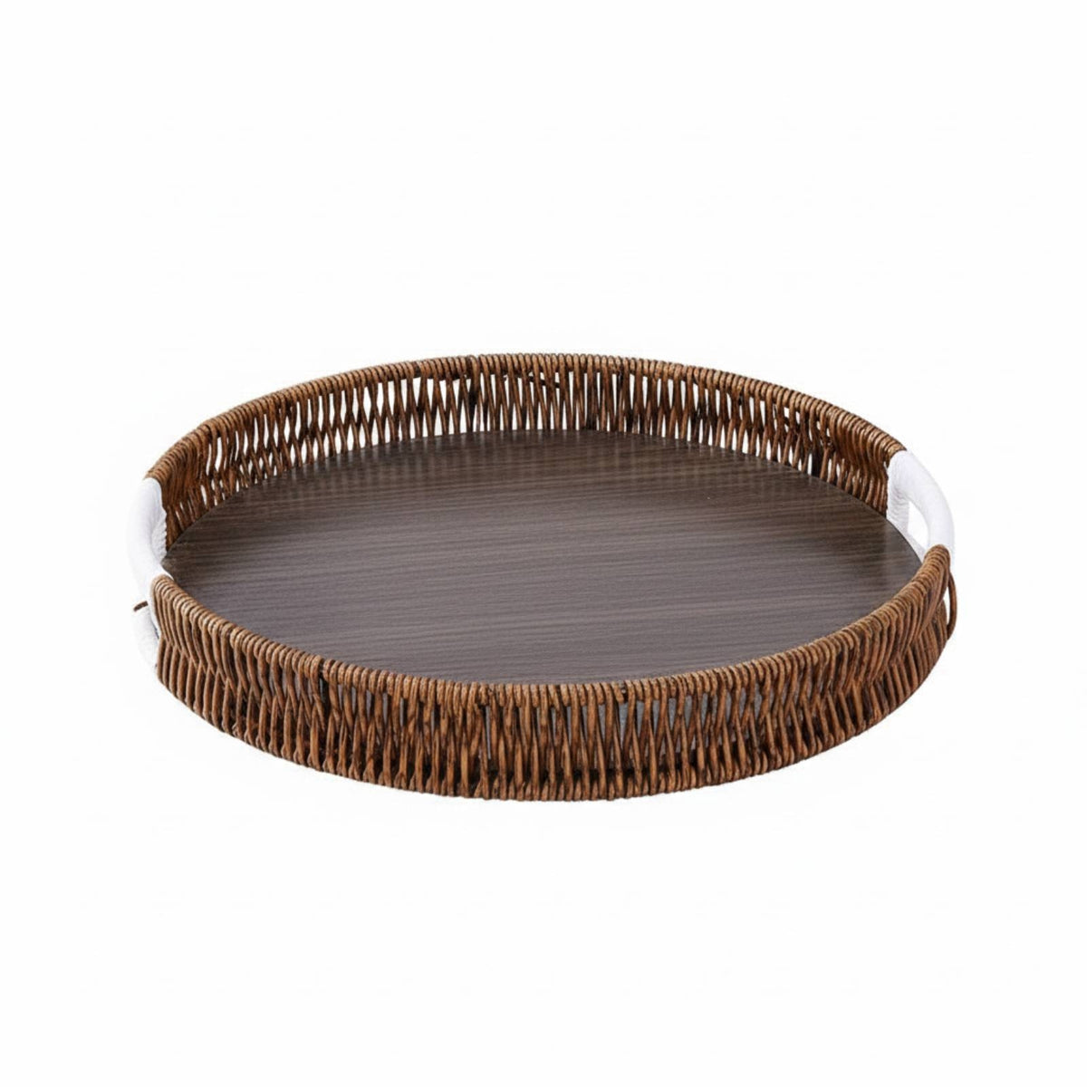 Faux-Rattan Tray Wood-Grain Round Rattan Serving Tray Dark