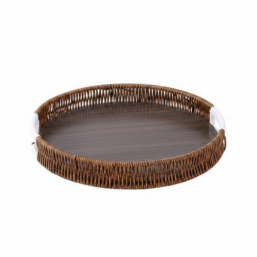 Faux-Rattan Tray Wood-Grain Round Rattan Serving Tray Dark