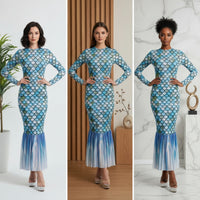 Long-Sleeve Mermaid Dress Fitted Fishtail Dress See-Through Evening Gown Lightweight for Women, Photoshoots, Themed Events, Costume Parties