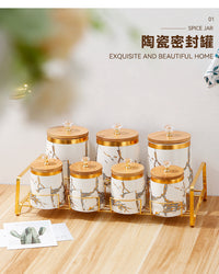 Nordic Light Luxury Spice Jar Set with Bamboo Lids and Rack, Ceramic, 3-Tier, Round, 3.1-4L