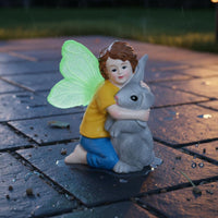 Boy Fairy Hugging Rabbit Statue Illuminate in the Dark Fairy Boy with Rabbit