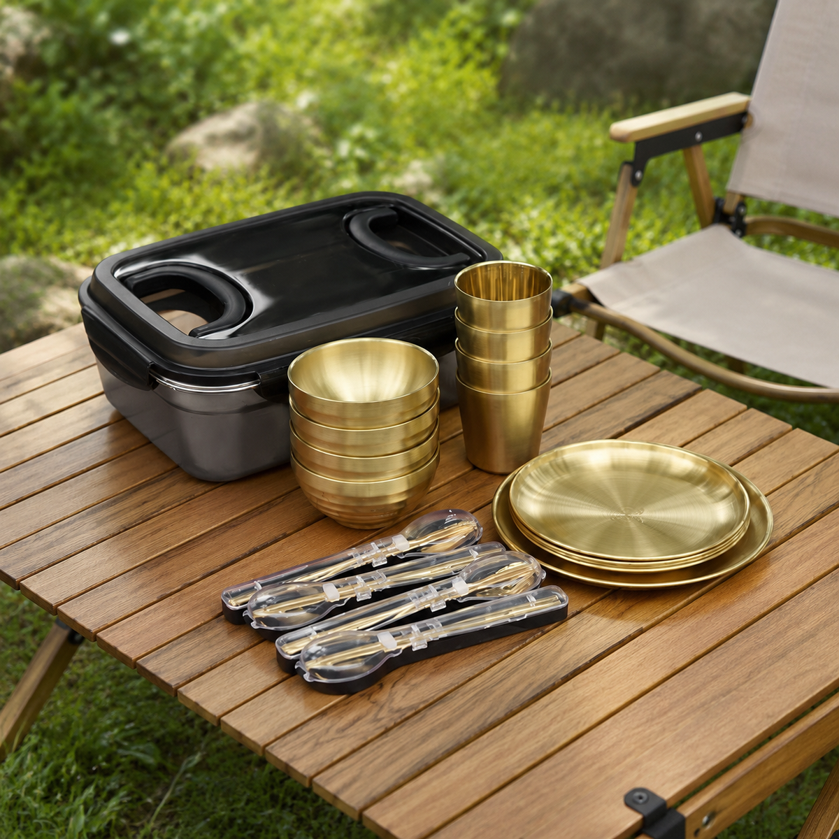 304 Stainless Steel Camping Tableware Set Gold Picnic Set Portable Outdoor Family