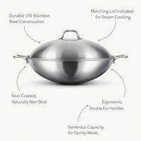 Stainless Steel Wok with Lid, 316 Steel Wok Uncoated for Gas Cooktop, Double Handle Chinese Wok, Rustproof Cooking Pot, Steamer Basket