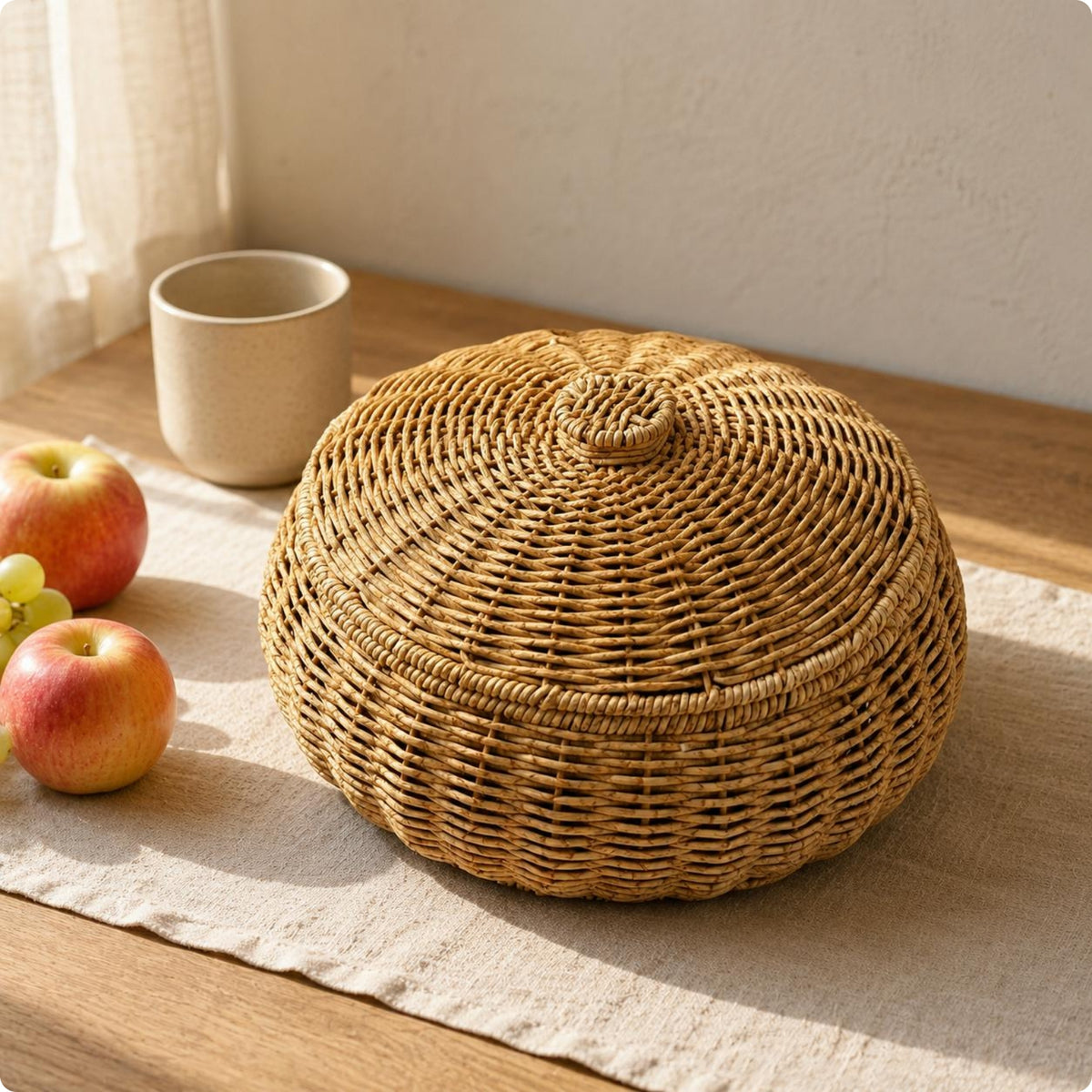 Wicker Basket with Lid Handwoven Lidded Rattan Basket Rustic Style