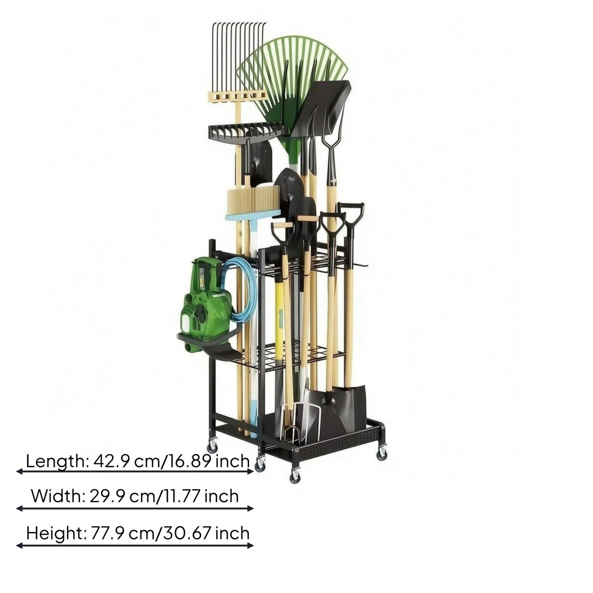 Wheeled Garden Tool Rack Multi-Holder Garden Tool Organizer Rack Hooked