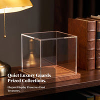 Acrylic Display Case with Wooden Base | Dustshielded Enclosure, Memorabilia Display Box with walnut Base, for Shelf