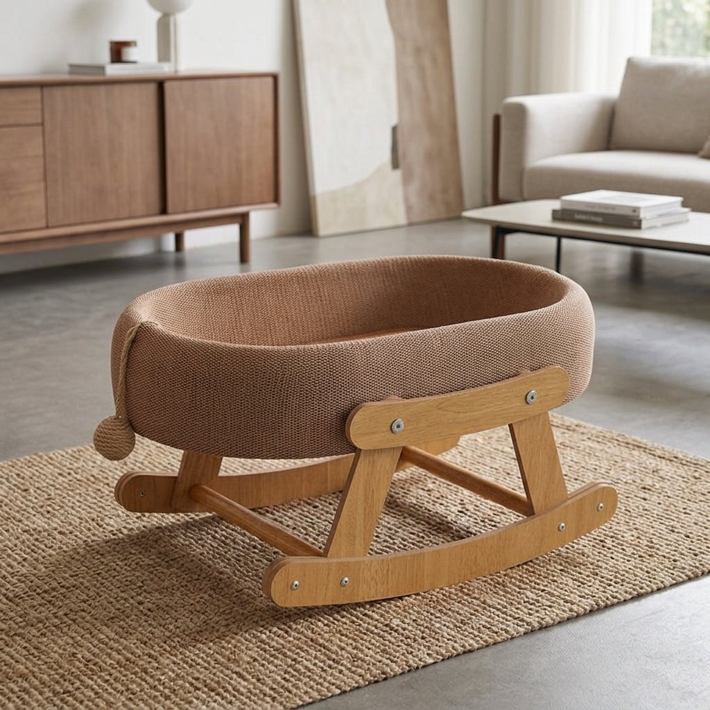 Elevated Cat Bed Rocker Lounger, Wood Frame Oval Basket for Indoor Cats, Universal Season Breathable Silicone Mat for Sleeping and Playing Use