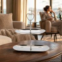 Serving Stand with Heart Handle Stainless Steel Two-Tier Serving Stand Metal Tiered Tray for Hosts, Afternoon Tea, Cafes