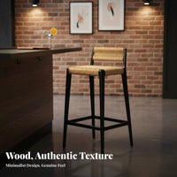 Rope Weave High Stool sturdy Wood Frame Woven Seat High Stool With Backrest Built-in Footrest for homeowners, Kitchen Island