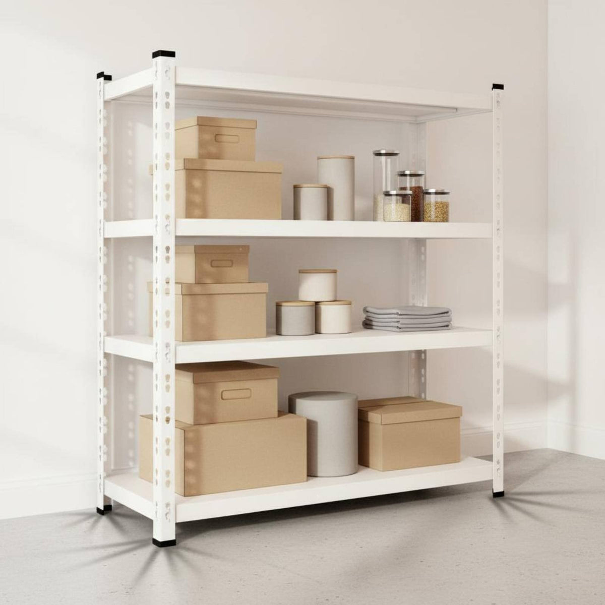 Heavy-Duty Multi-Tier Utility Shelf Large Capacity Adjustable Metal Storage Rack Tool-Effortless Assembly Freestanding Organizer Rack Carbon Steel Construction for Warehouse, Kitchen, Balcony, Laundry Room