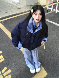 棉衣女款爆款2025新款小个子冬季美式格子棉服潮牌宽松面包服外套