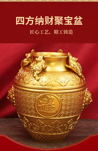 黄铜金蟾四方纳财聚宝盆浮雕回纹聚财罐客厅办公室旺财摆件开业礼