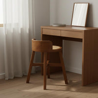 Solid Wood Frame Rattan Dressing Table with Mirror Modern Minimalist Design Wooden Makeup Vanity with Drawers Space Saving for Women