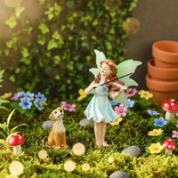 Violin Playing Fairy and dog figurine Statue Weather Resistant Resin Fairy Garden Ornament Hand-Painted Details for Lawn, Terrarium