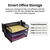 3 Tier Metal Mesh File Organizer with Pen Holder, Wire Desk Storage Rack for Office, Vertical Tray for Students Workspace