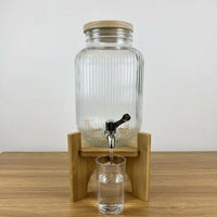 Glass Jar Water Dispenser with Wood Stand, Rectangular Juice Dispenser with Wooden Top, Drink Dispenser for Iced Tea and Home Party Supplies