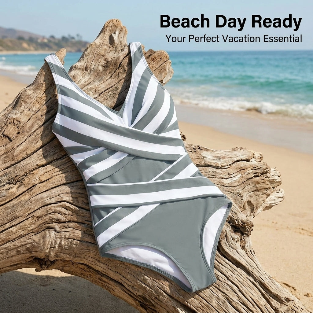 Swimsuit for Girls and Women's Vacation Bathing Suit, Padded Bikini Set with Striped Colour-Block Design for Water Sports