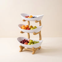 Fruit Tray Stand with Bamboo Rack Tiered Three Tier Serving Tray 3 Tier Fruit Basket Elegant Serving Stand with Bowls for Hosts