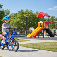 High-Carbon Steel Frame Kids Cycle with Training Wheels Double Brakes Boys Girls Cycle Rear Seat Rack Outdoor Push-Along Toy Wear-Resistant Tires for Playground