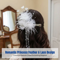 Victorian Hair Accessory, Alabaster Lace Feather Tassel Headpiece, Elegant Princess Design for Women