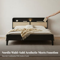 Rattan Panel Bed Frame Wabi-Sabi Aesthetic Woven Cane Bedstead Vintage Design Bedroom Furniture for Homeowners, Apartment Dwellers, Guest Room, Home