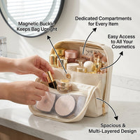 Standing Makeup Organizer Bag with Compartments, Waterproof Large Toiletry for Home Storage, PU Leather Brush Holder for Daily Use and Travelers