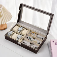 PU Leather Watch Storage Box with Window, Multiple Slots