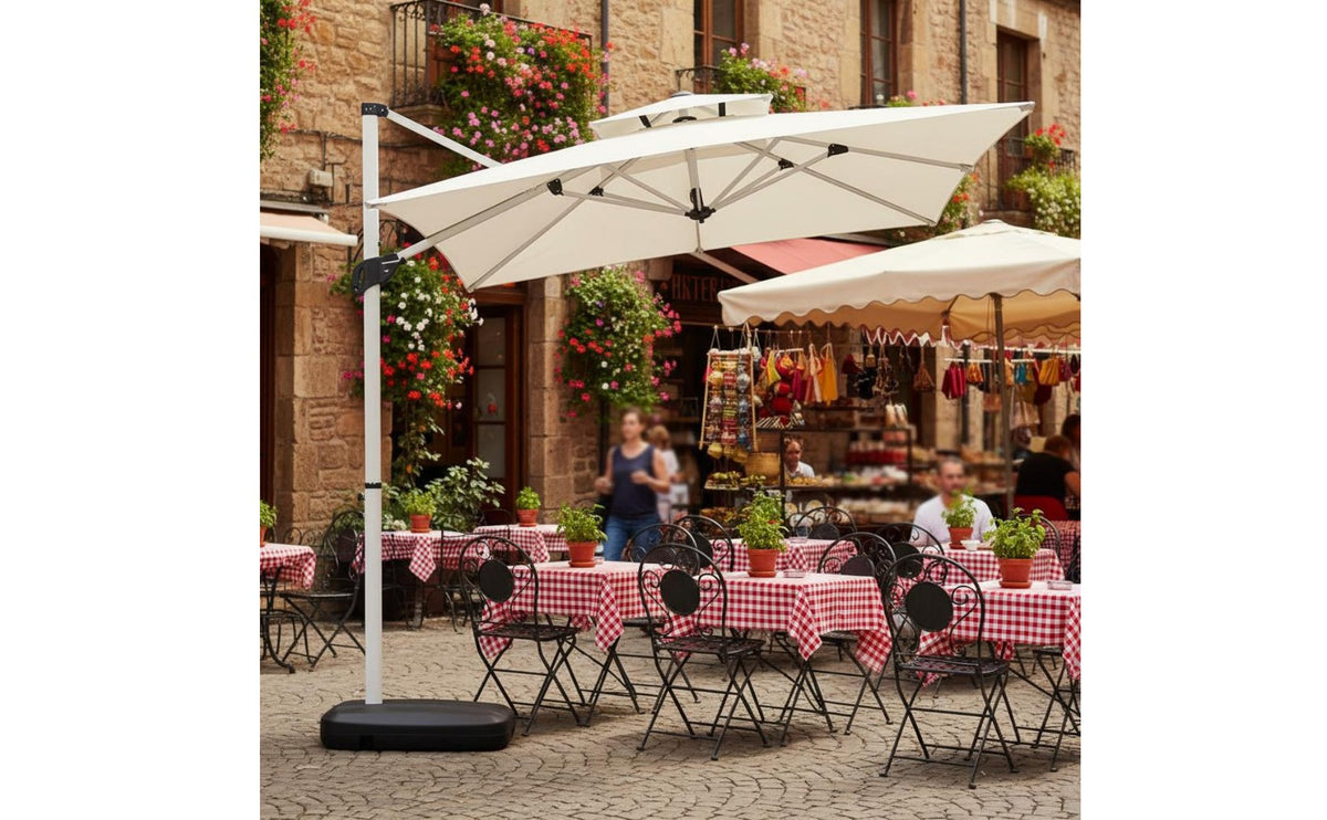 Protection Cantilever Umbrella with Lights Adjustable Tilt Solar Lighted Outdoor Umbrella Waterproof Heavy Duty Garden Sunshade 360° Rotation for Restaurant Owners, Market Stall, Backyard, Poolside, Deck