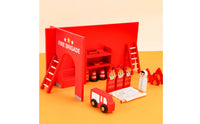 Wooden Fire Station Set Painted Fire Assist Toy Scene Bright Red Firefighter Figure Set for Kids