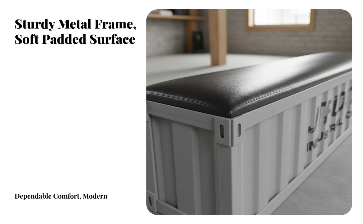 Industrial Aesthetic Shipping Container Inspired by Chest Multi-Functional Storage Bench Padded Cushion Top Indoor Furniture High Load Capacity for Interior Designers, Business Owners, Entryway, Commercial Areas, Living Room, Walk-in Closet
