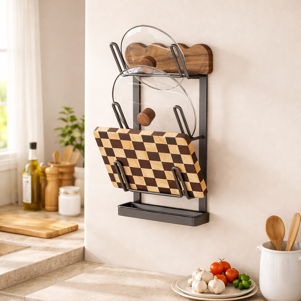 Pot Lid Holder, Carbon Steel Pan Organiser, Wall-Mounted Vintage Walnut Wood for Kitchen Cabinet, 35.5cm x 16.5cm