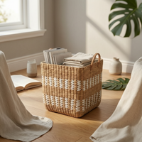Woven Laundry Hamper Large Capacity Lined Storage Basket Rustic Style Storage Bin for Washroom