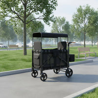 2 Seat Pushcart Wagon Full-Length Canopy Foldable Pushcart Wagon Swivel Wheels