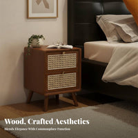 2-Drawer Rattan Nightstand Vintage design Bedside Cabinet Multi-Purpose for Home