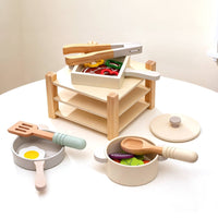 Wooden Pot and Pan Set Edge Design Toy Cookware Set Smooth Rounded Edges Pretend Kitchen Cookware for Children, Kids, Preschool