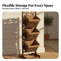 triple-tier Woven Organizer Floor-Standing publication holder Rack hardwood Wood Frame for Readers