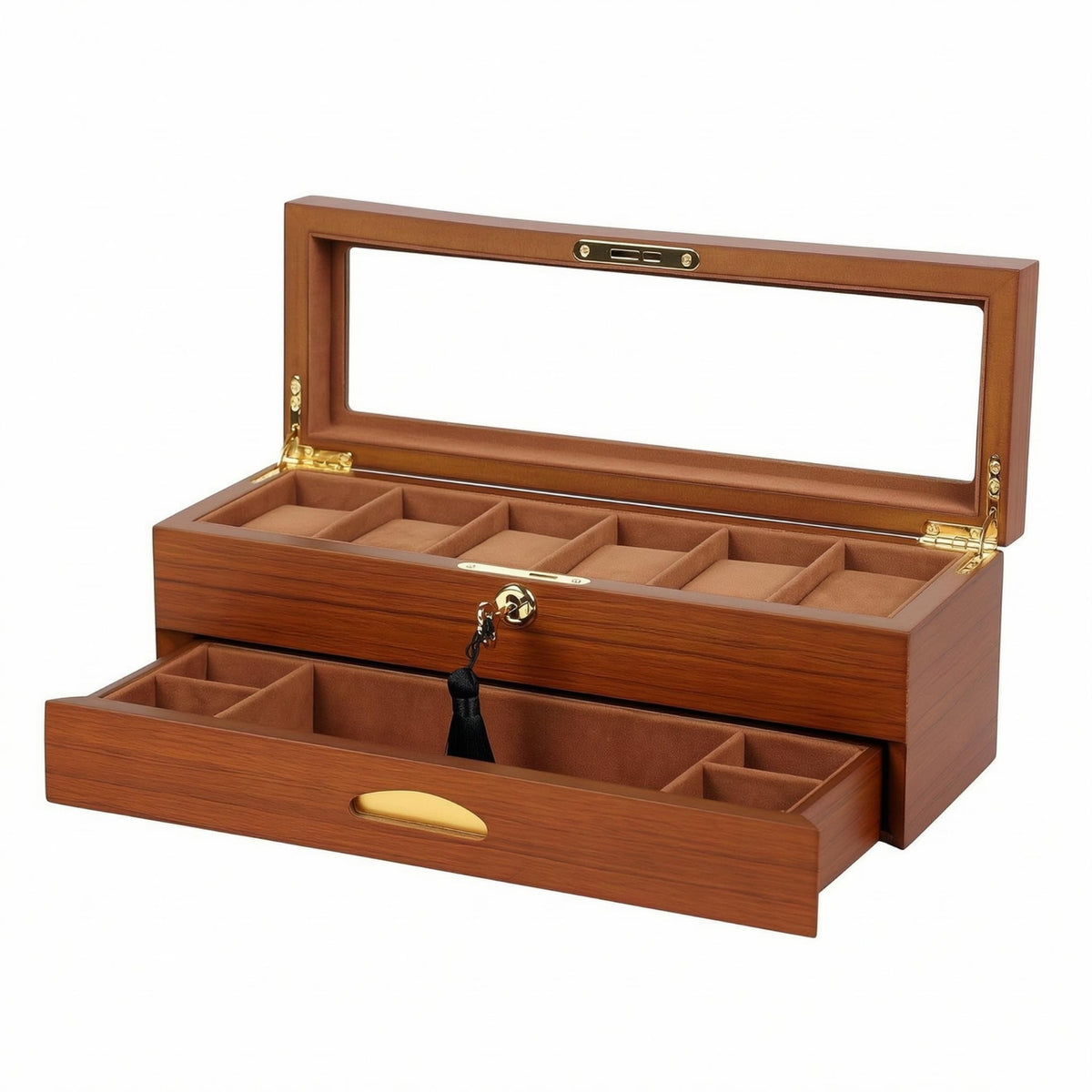 Two-Tier Watch Box Divided Compartments Glass Lid Watch Box Gold-Tone Hardware Rectangular