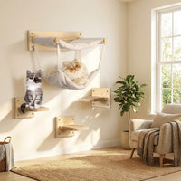 Cat Climbing Frame with Wall Mounted Bed and Hammock, Solid Wood Five-Tier Perch for Large Indoor Cats, Space-Saving Wood and Textile Set