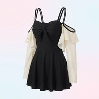 Swimsuit for Women, One-Piece Swimming Costume with Skirt & Long Sleeves for Sun Protection, Polyester One Piece for Water Sports