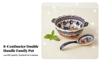 Double Handle Soup Pot, Polish Painted Ceramic Tableware, Underglaze Floral Pattern, Bohemian Vintage, Adult Dining